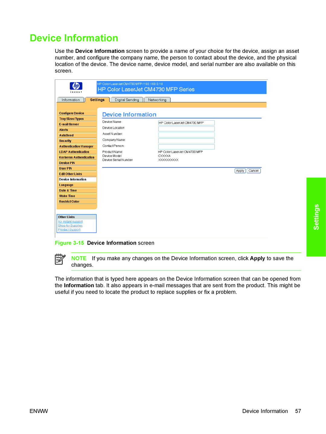 HP CM4730 manual 15Device Information screen 