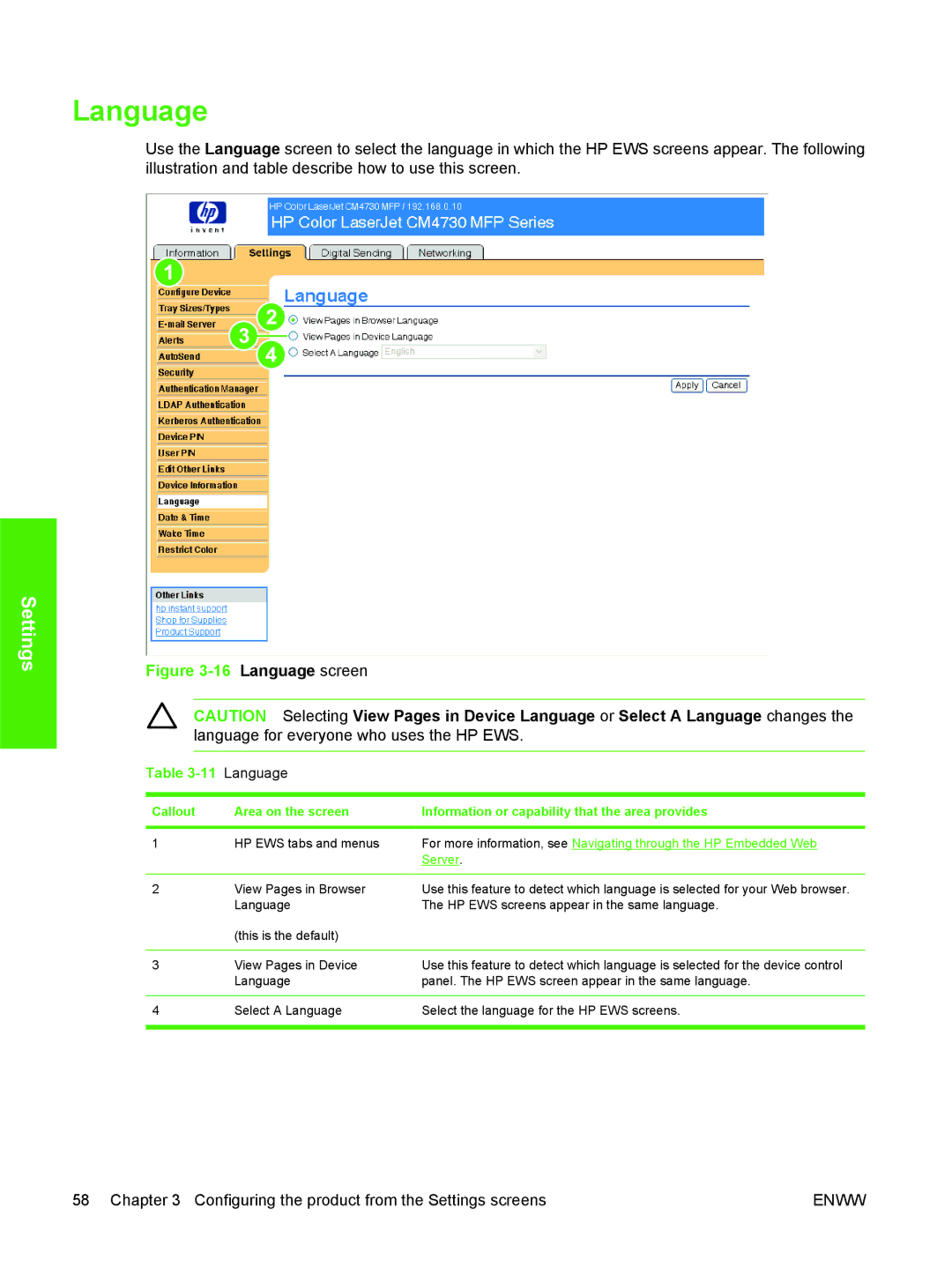 HP CM4730 manual Language, View Pages in Browser 