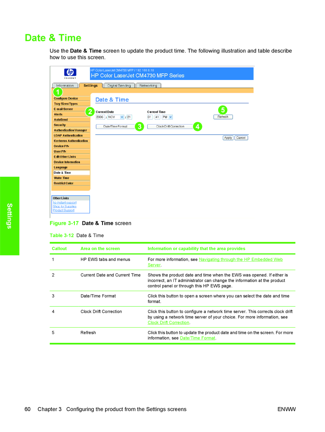 HP CM4730 manual Date & Time, Refresh, Information, see Date/Time Format 