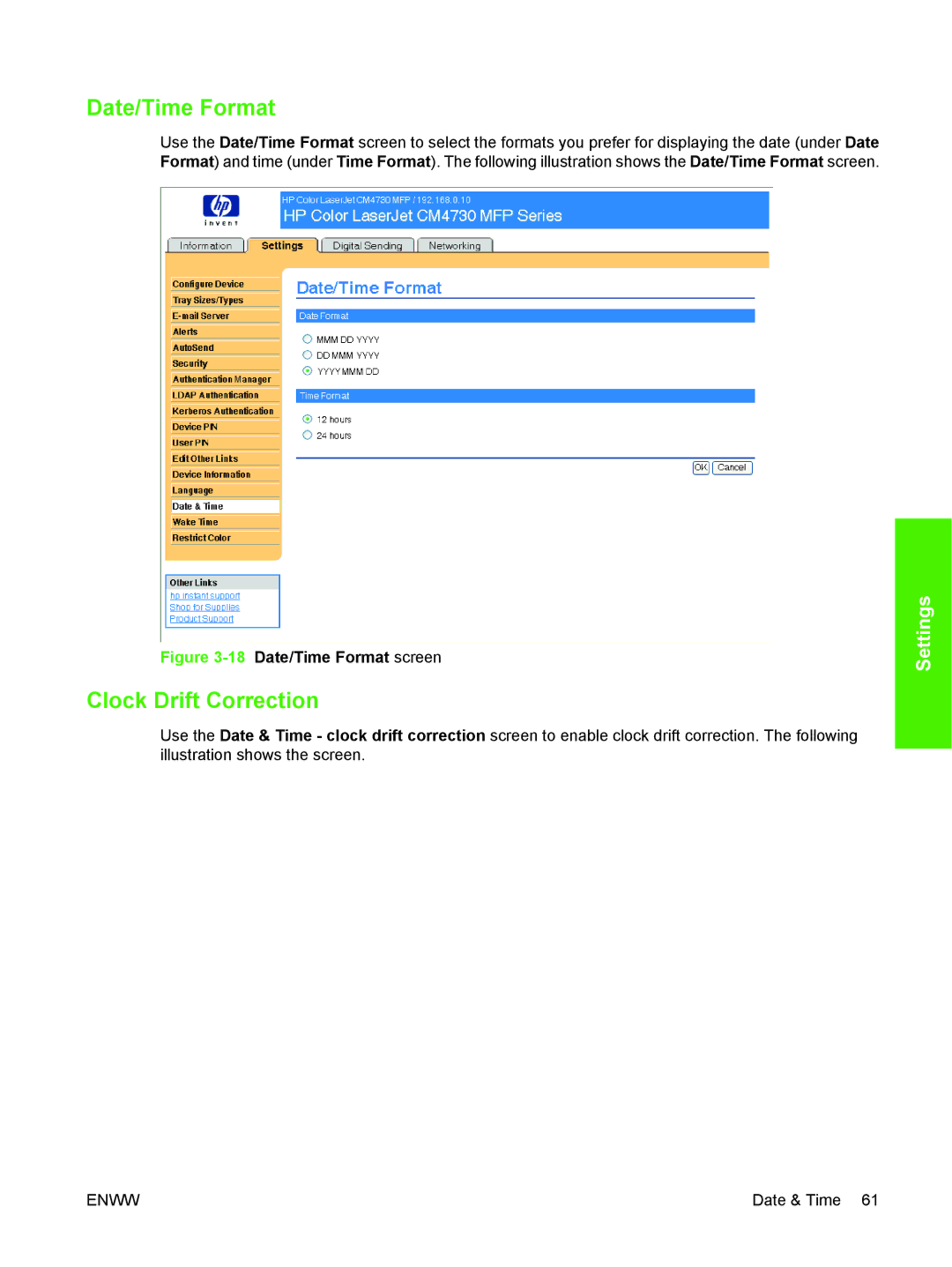 HP CM4730 manual Date/Time Format, Clock Drift Correction 