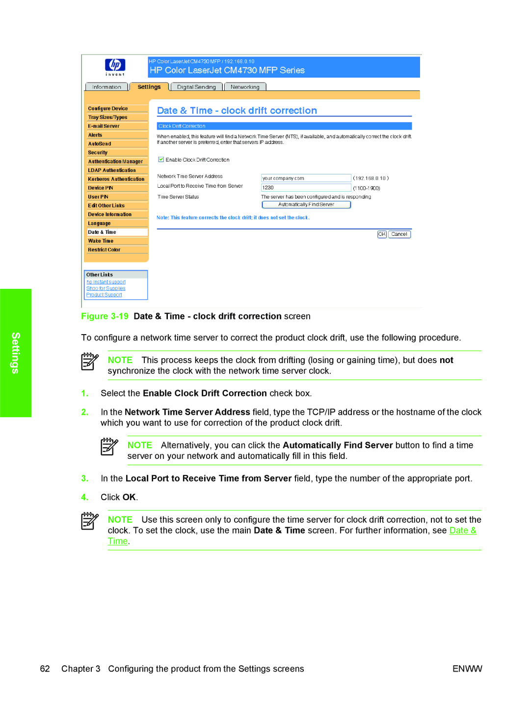 HP CM4730 manual 19Date & Time clock drift correction screen, Select the Enable Clock Drift Correction check box 