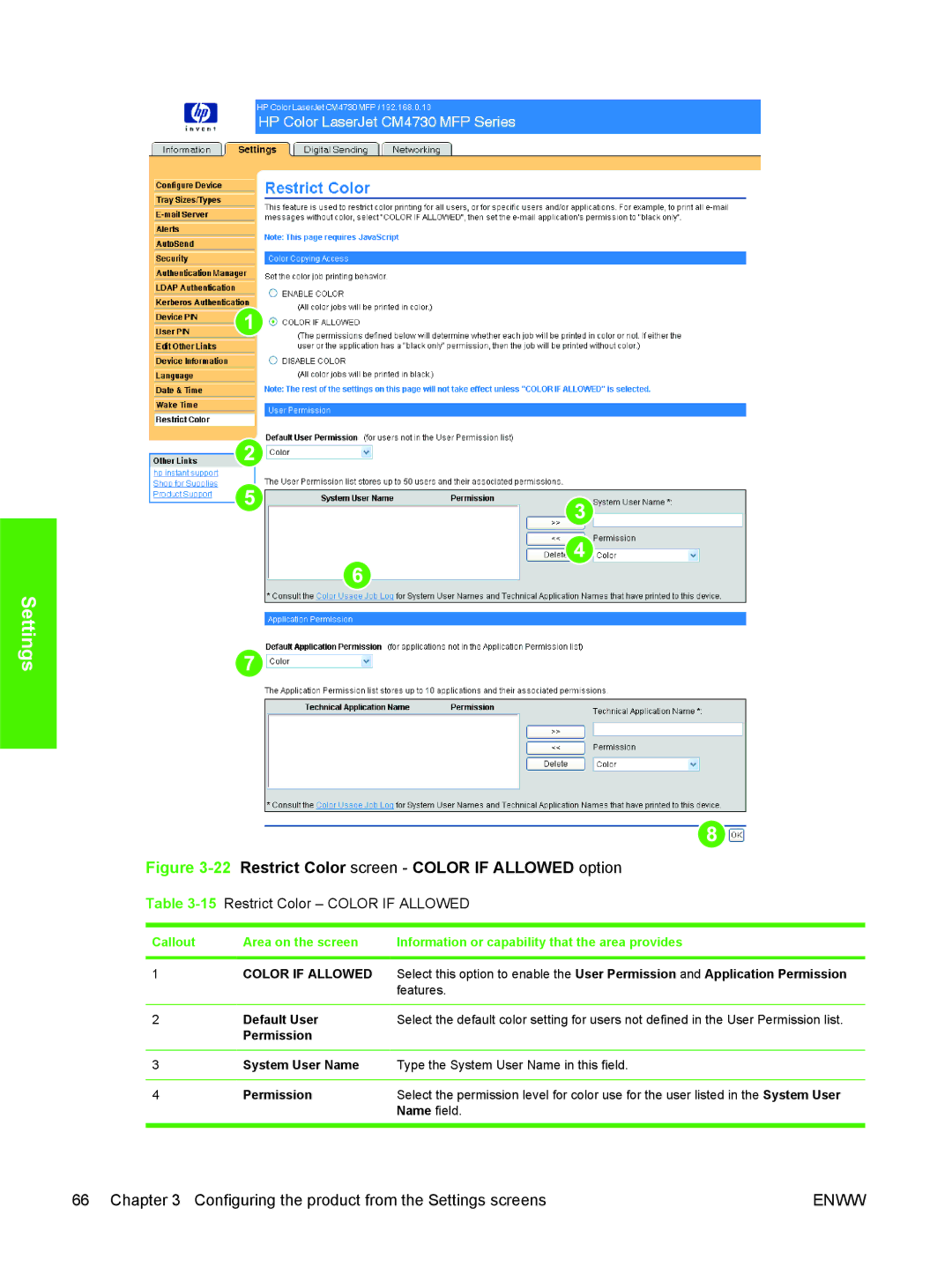 HP CM4730 manual 15Restrict Color Color if Allowed, Permission System User Name, Type the System User Name in this field 