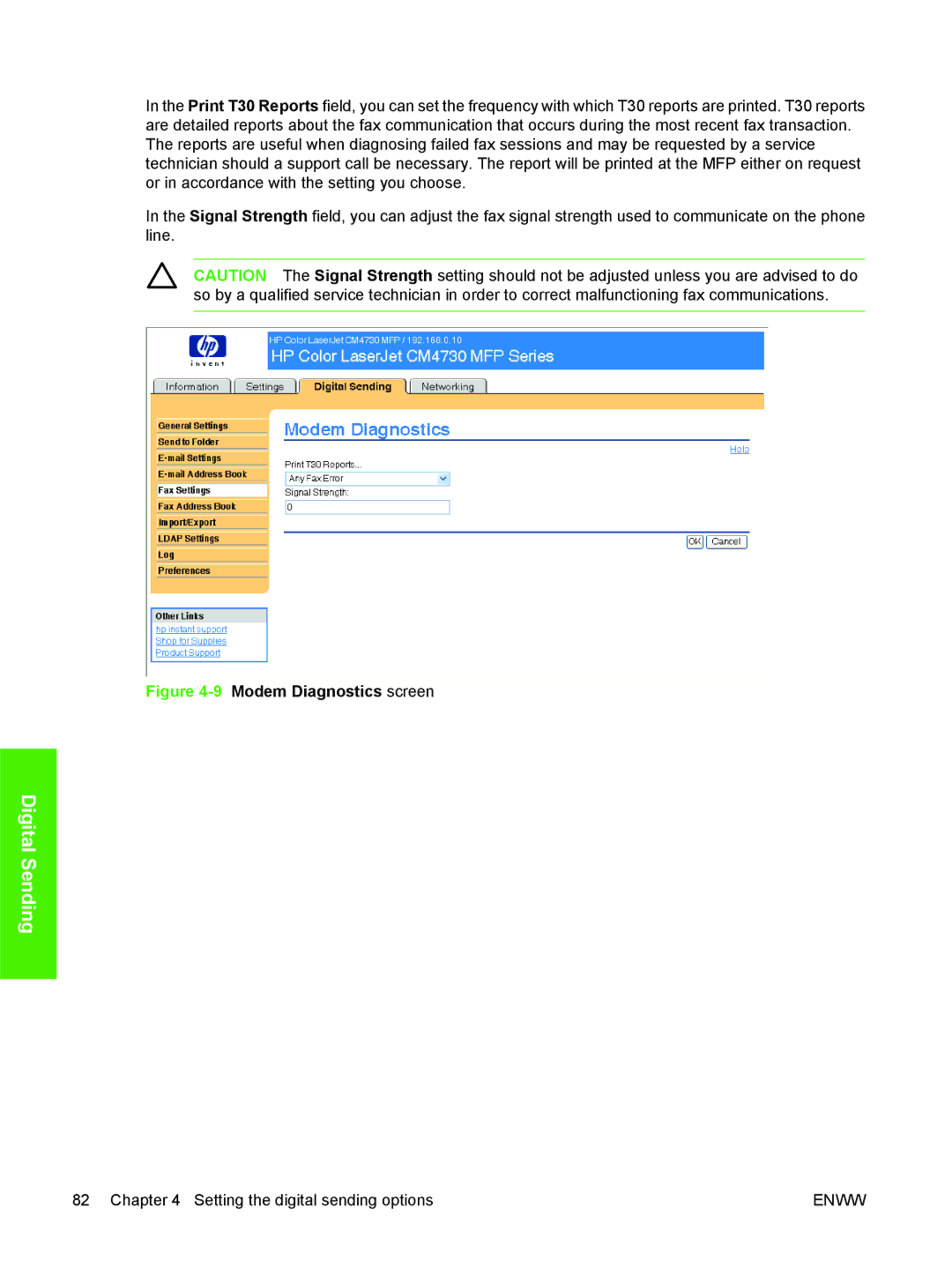 HP CM4730 manual 9Modem Diagnostics screen 