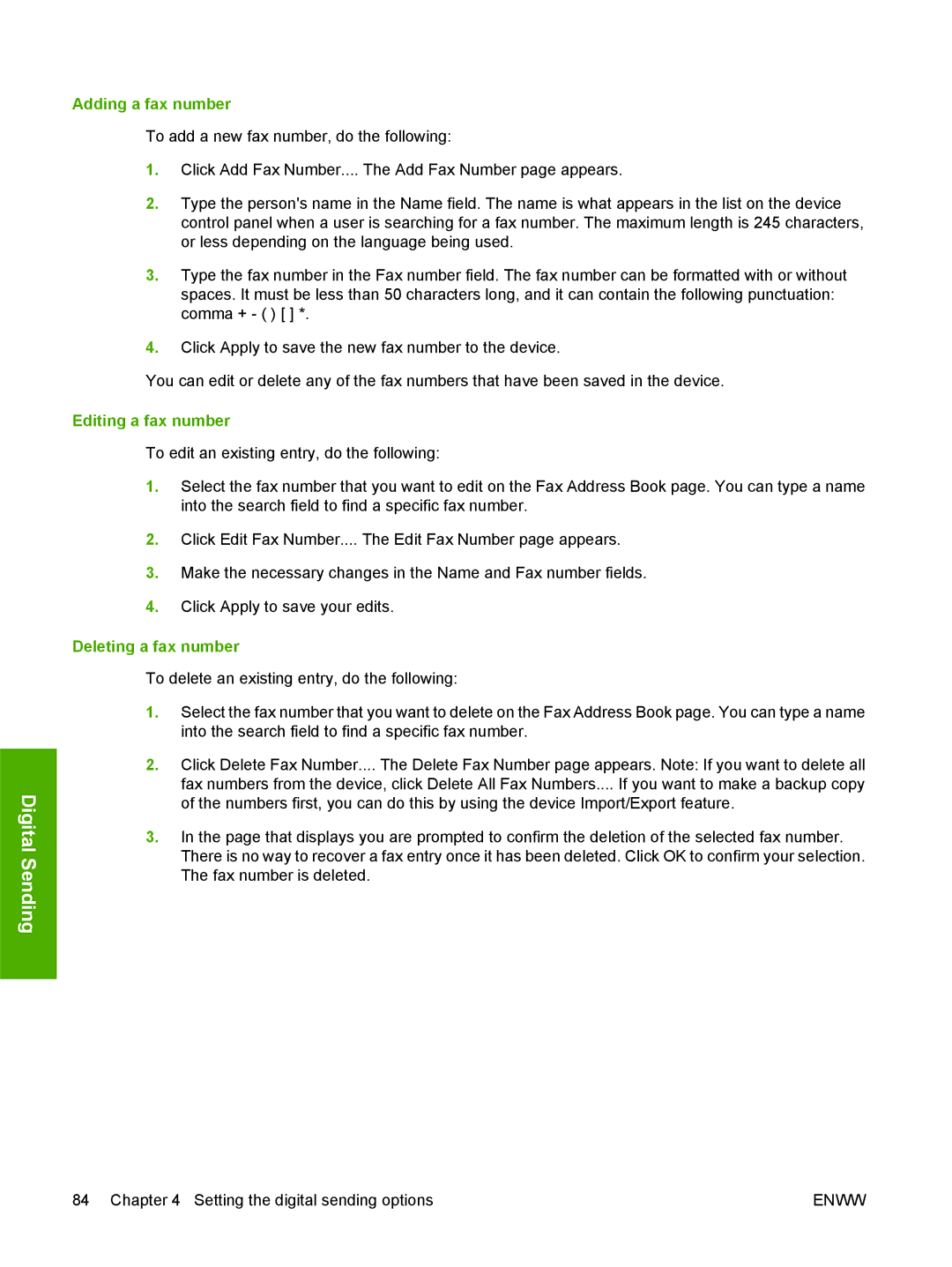 HP CM4730 manual Adding a fax number, Editing a fax number, Deleting a fax number 