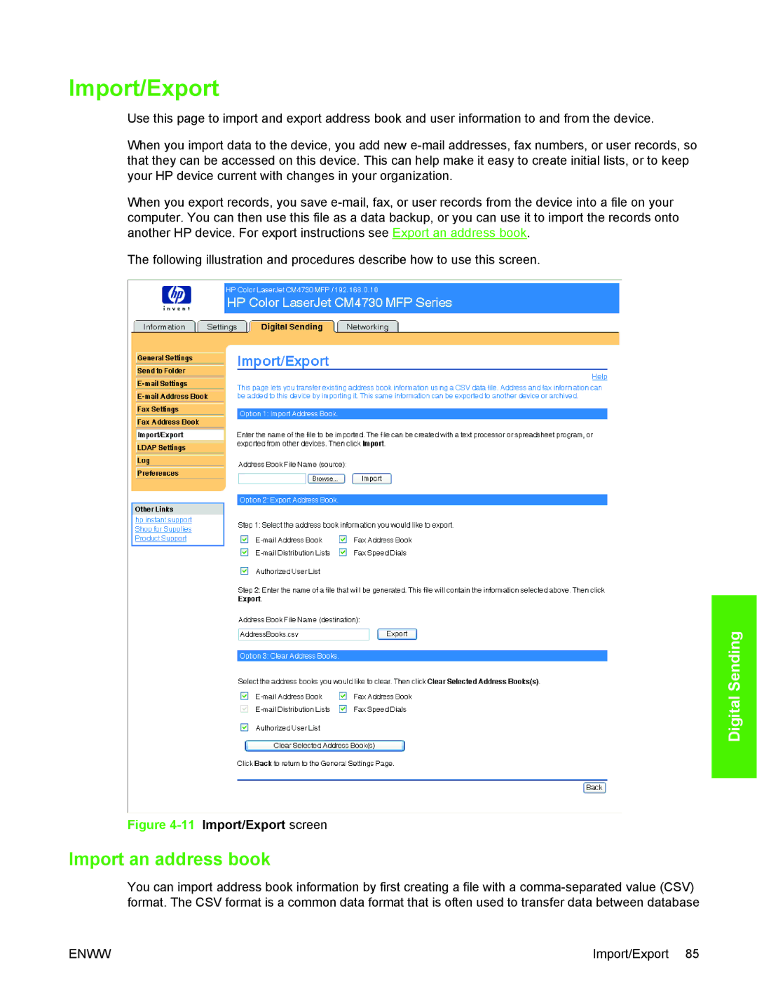 HP CM4730 manual Import/Export, Import an address book 