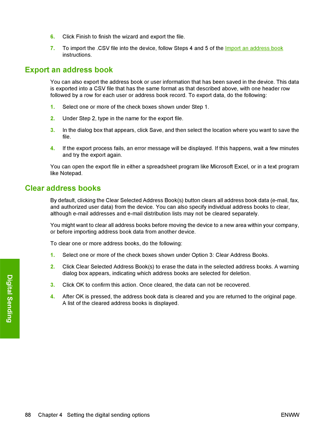 HP CM4730 manual Export an address book, Clear address books 