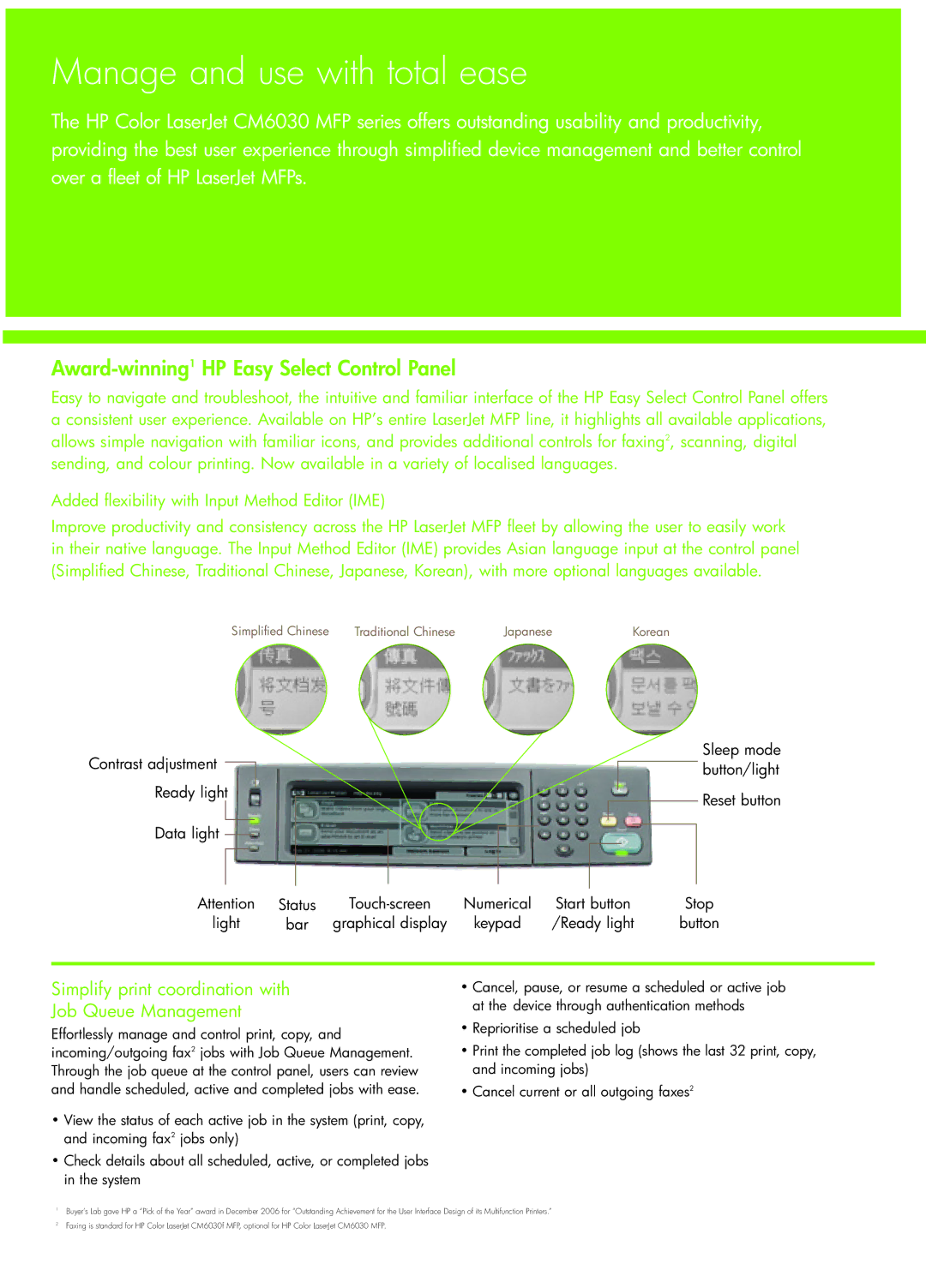 HP CM6030 MFP manual Manage and use with total ease, Award-winning1HP Easy Select Control Panel 