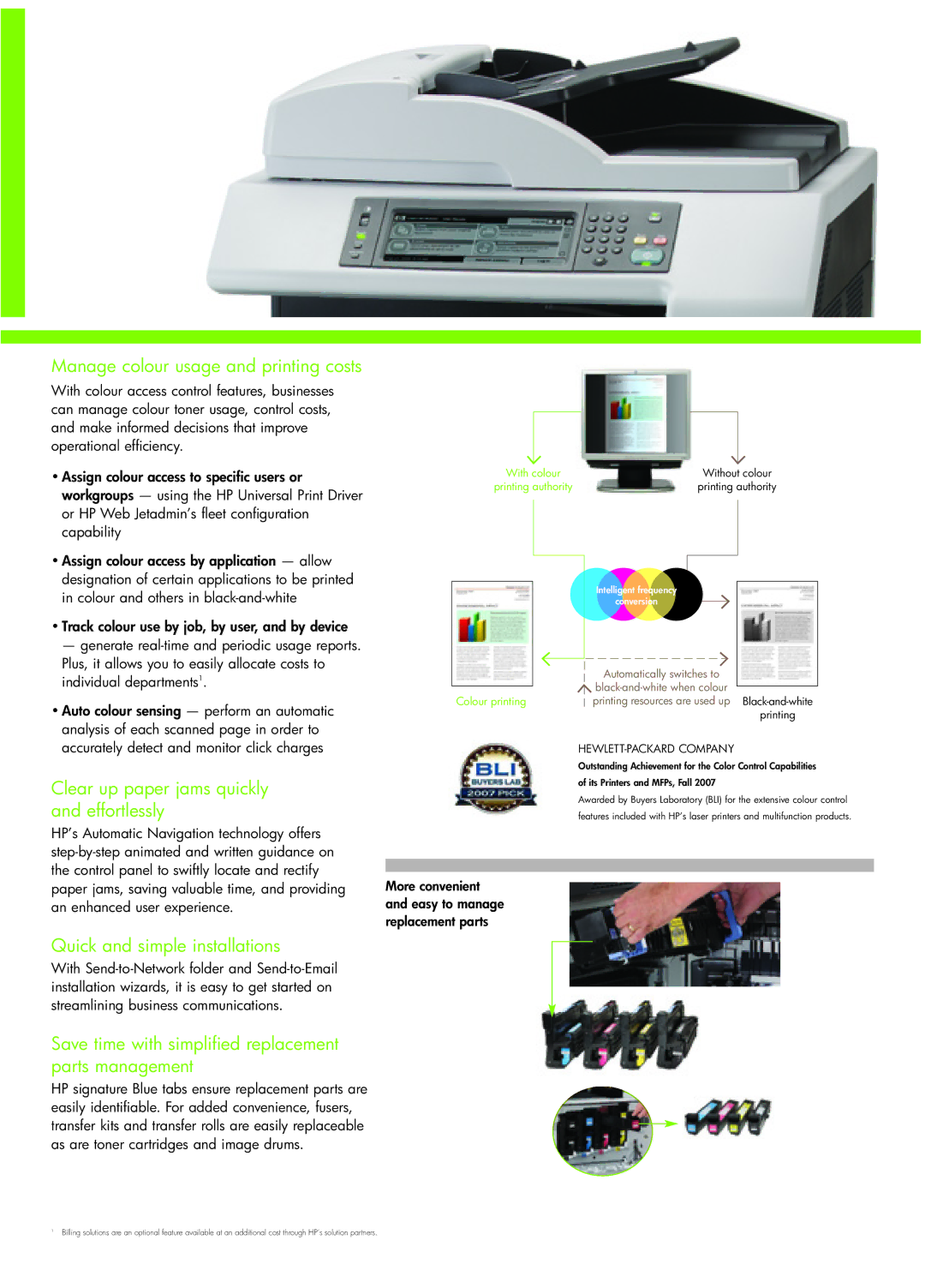 HP CM6030 MFP manual Manage colour usage and printing costs, Clear up paper jams quickly and effortlessly 