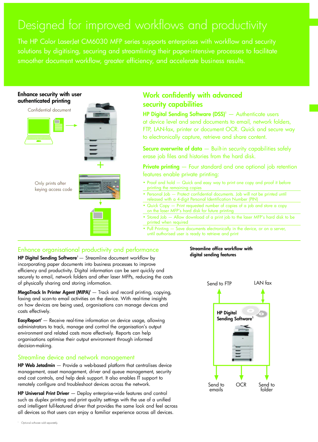 HP CM6030 MFP manual Designed for improved workflows and productivity, Work confidently with advanced security capabilities 