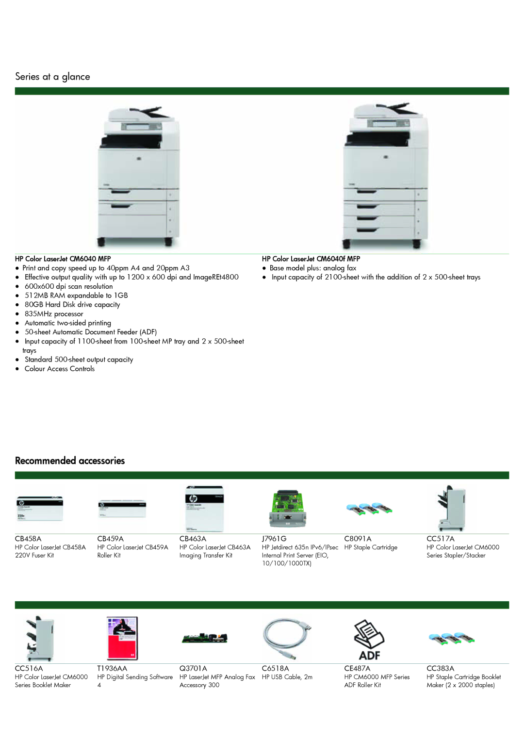 HP CM6040 MFP manual Series at a glance, Recommended accessories 