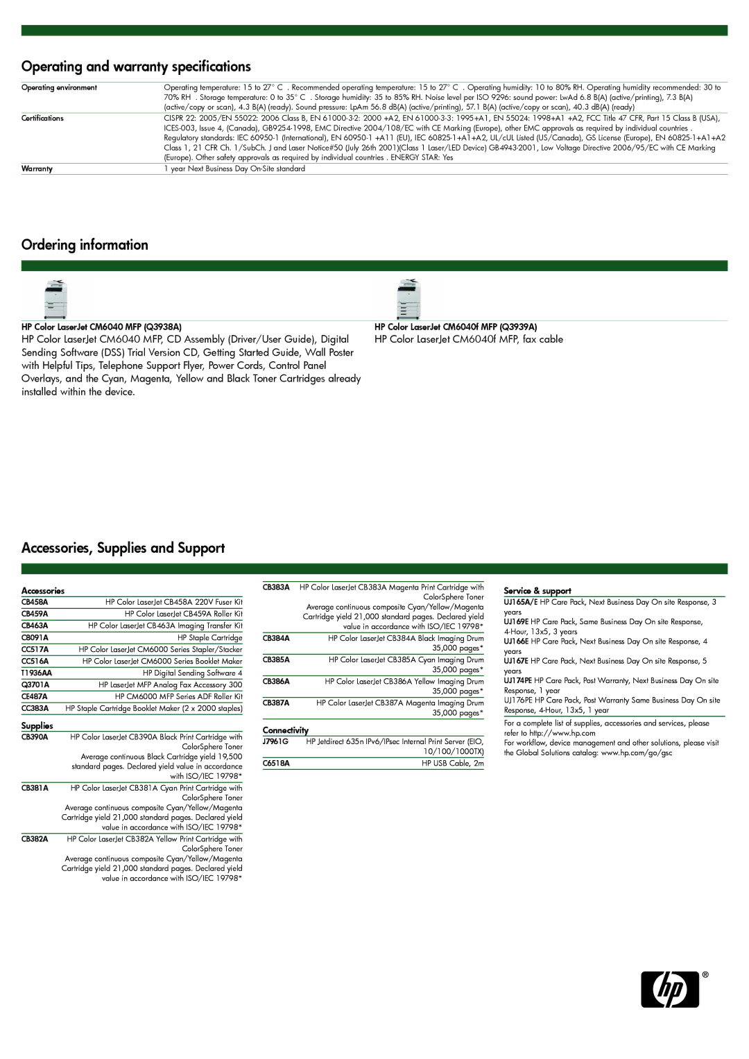 HP CM6040 MFP manual Operating and warranty specifications, Ordering information, Accessories, Supplies and Support 