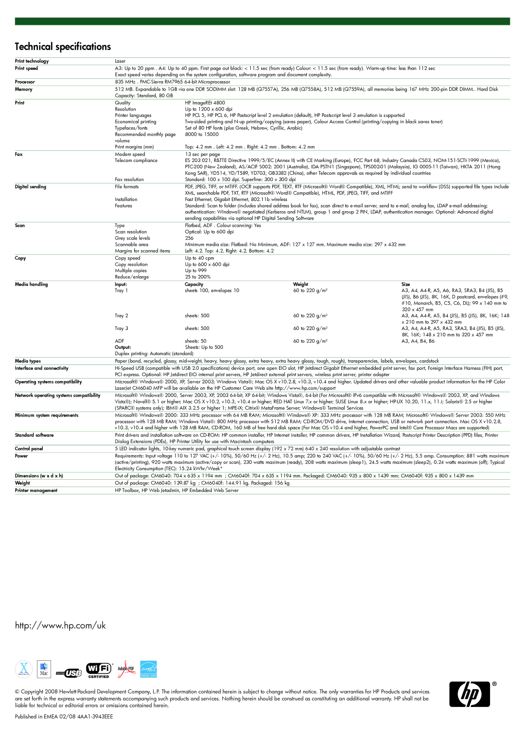 HP CM6040 MFP manual Technical specifications 