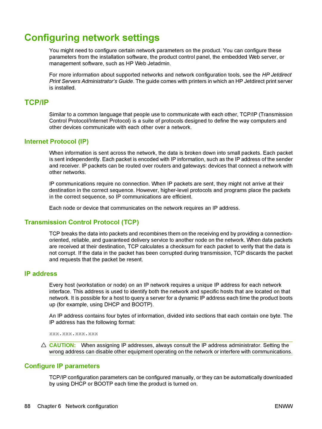 HP CM6049f MFP manual Configuring network settings, Internet Protocol IP, Transmission Control Protocol TCP, IP address 