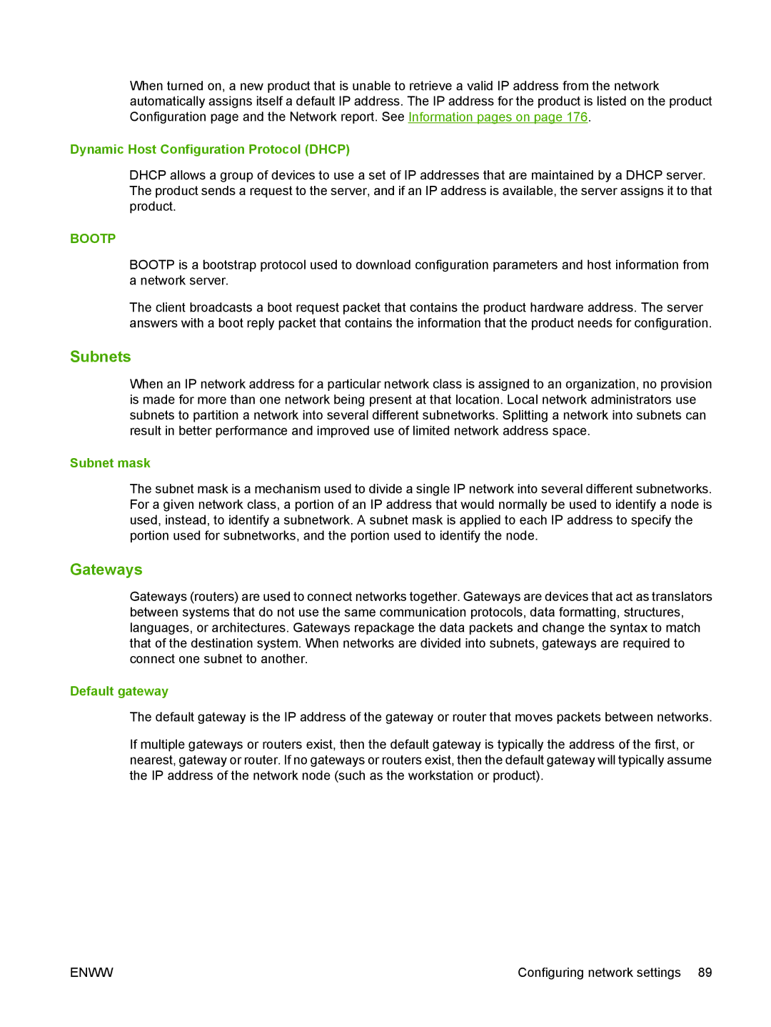 HP CM6049f MFP manual Subnets, Gateways, Dynamic Host Configuration Protocol Dhcp, Subnet mask, Default gateway 