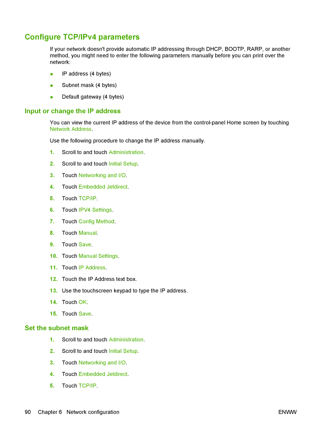 HP CM6049f MFP manual Configure TCP/IPv4 parameters, Input or change the IP address, Set the subnet mask 