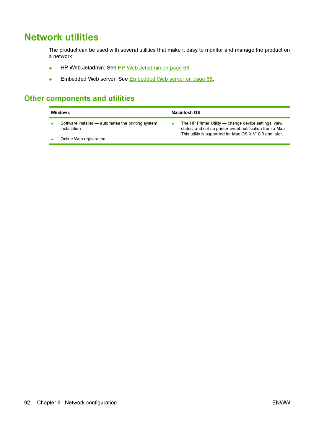 HP CM6049f MFP manual Network utilities, Other components and utilities, Windows 