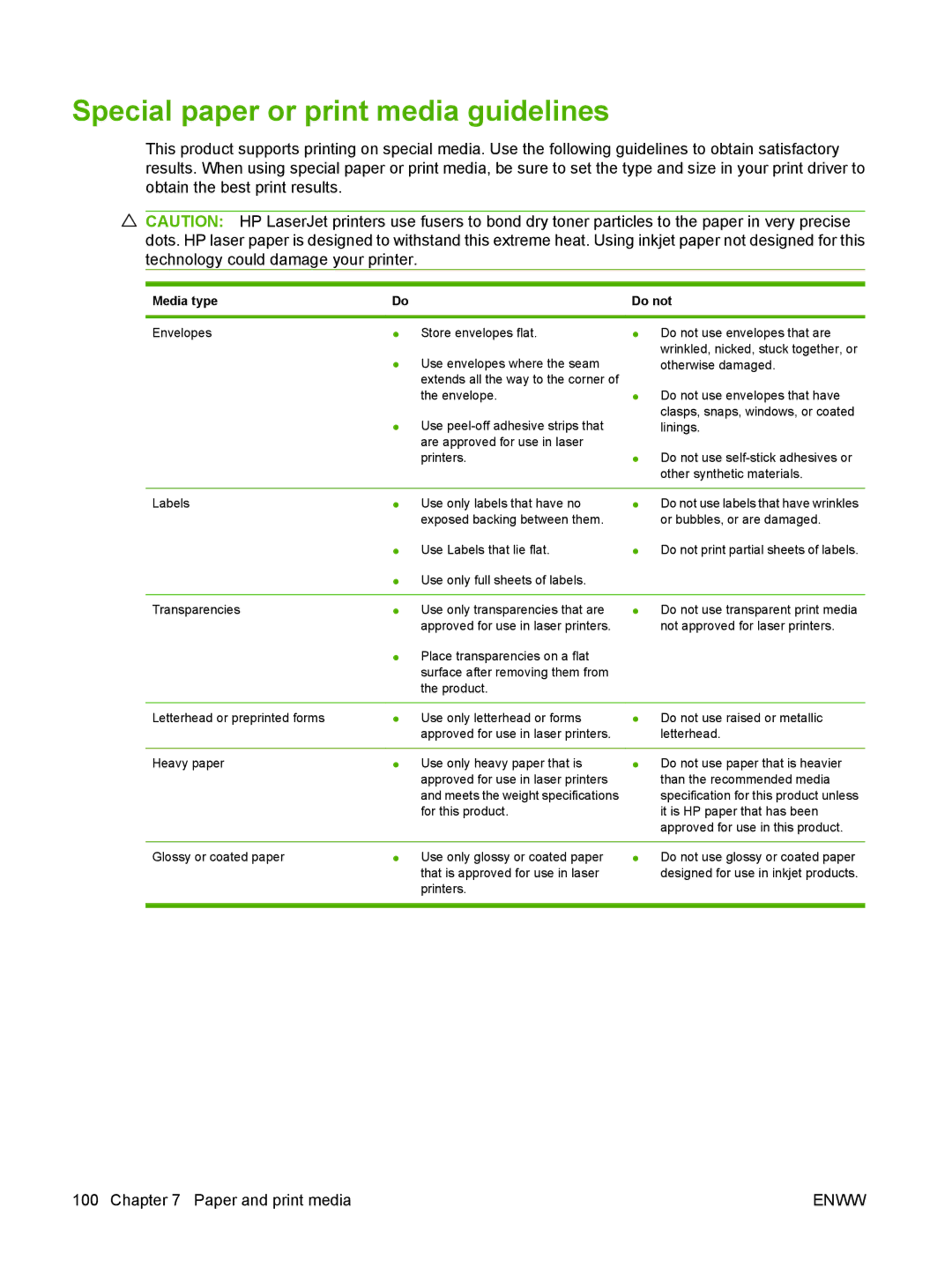 HP CM6049f MFP manual Special paper or print media guidelines, Media type 