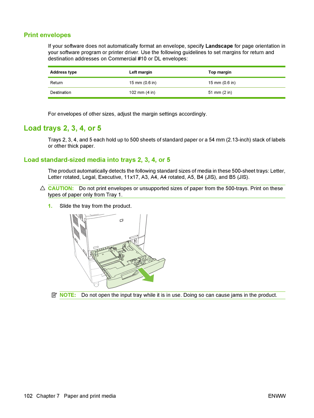 HP CM6049f MFP manual Load trays 2, 3, 4, or, Print envelopes, Load standard-sized media into trays 2, 3, 4, or 