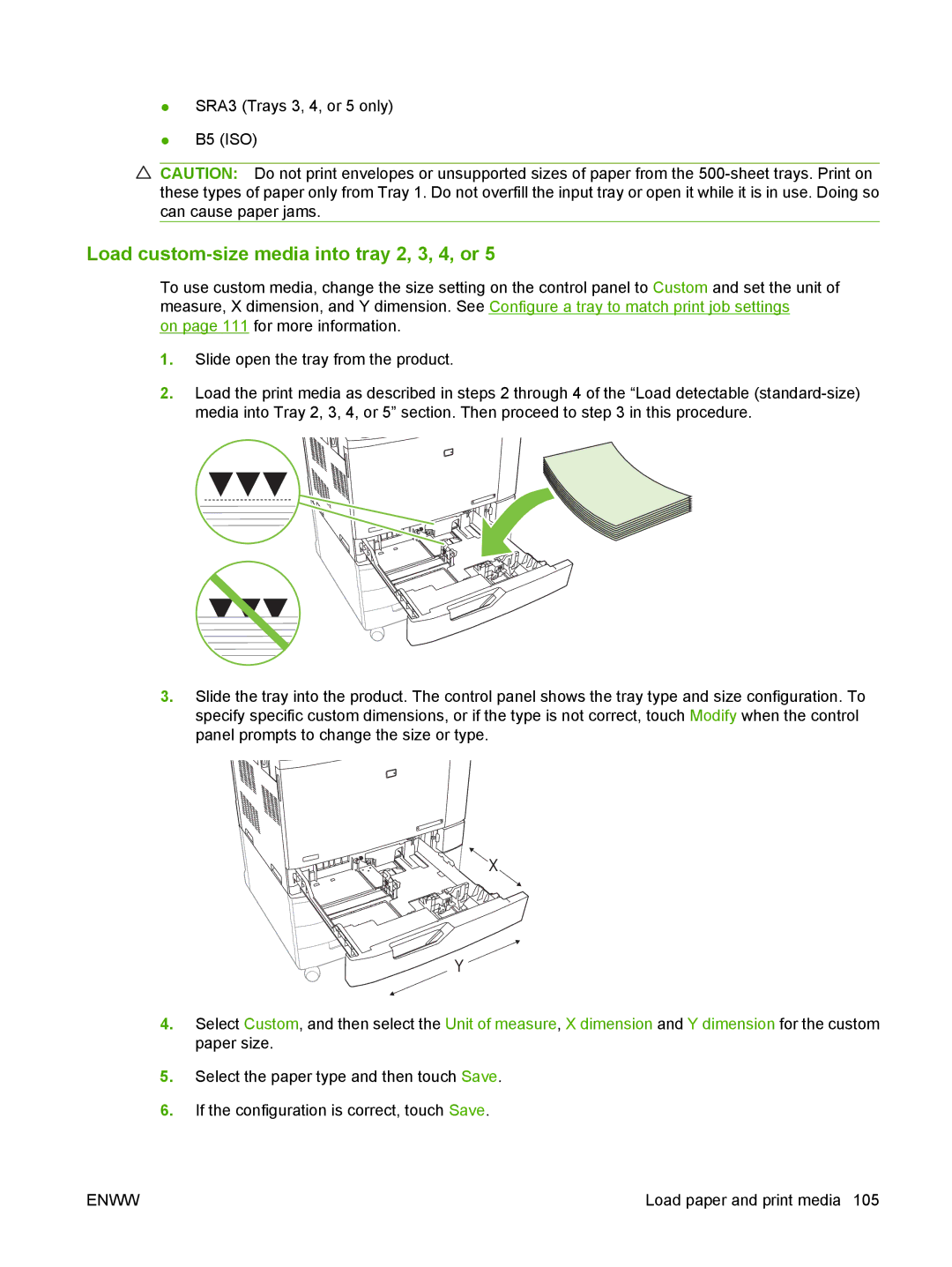 HP CM6049f MFP manual Load custom-size media into tray 2, 3, 4, or 