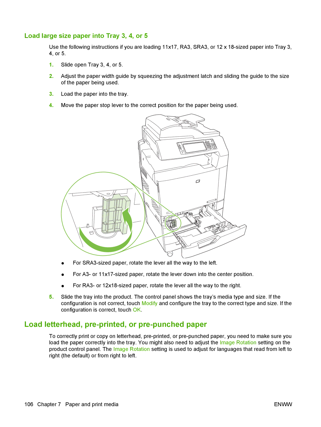 HP CM6049f MFP manual Load letterhead, pre-printed, or pre-punched paper, Load large size paper into Tray 3, 4, or 