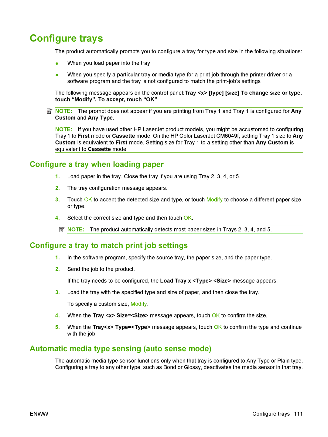 HP CM6049f MFP manual Configure trays, Configure a tray when loading paper, Configure a tray to match print job settings 