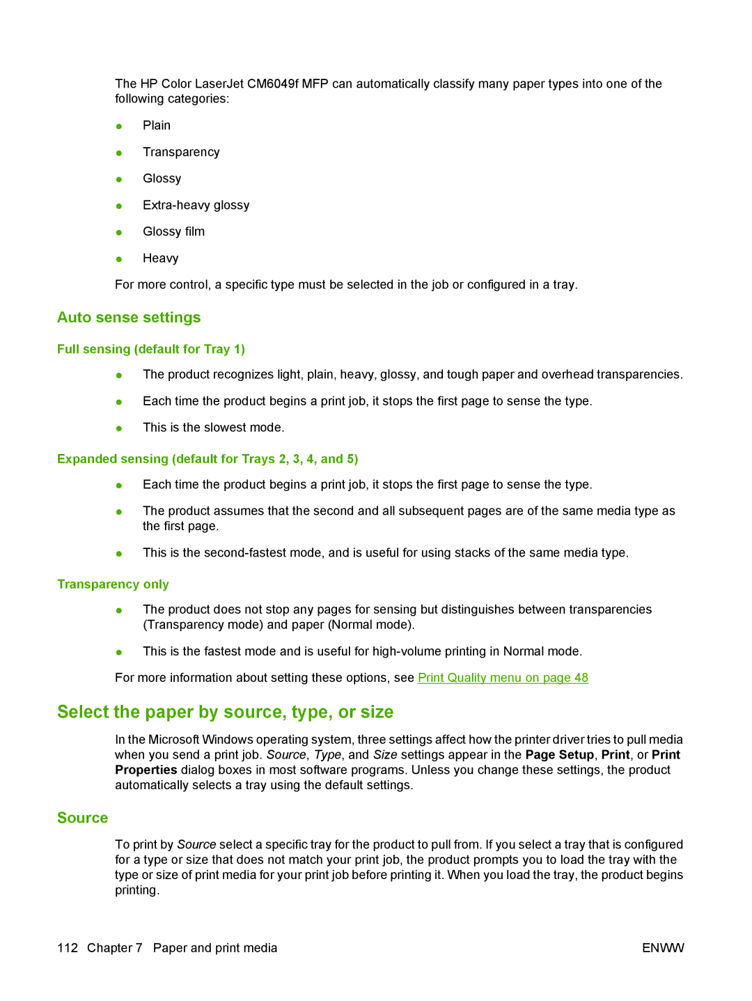 HP CM6049f MFP manual Select the paper by source, type, or size, Auto sense settings, Source 