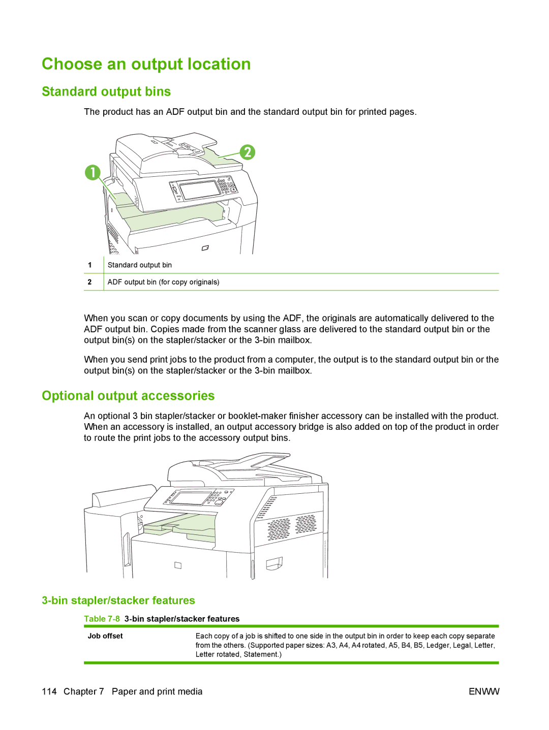 HP CM6049f MFP Choose an output location, Standard output bins, Optional output accessories, Bin stapler/stacker features 