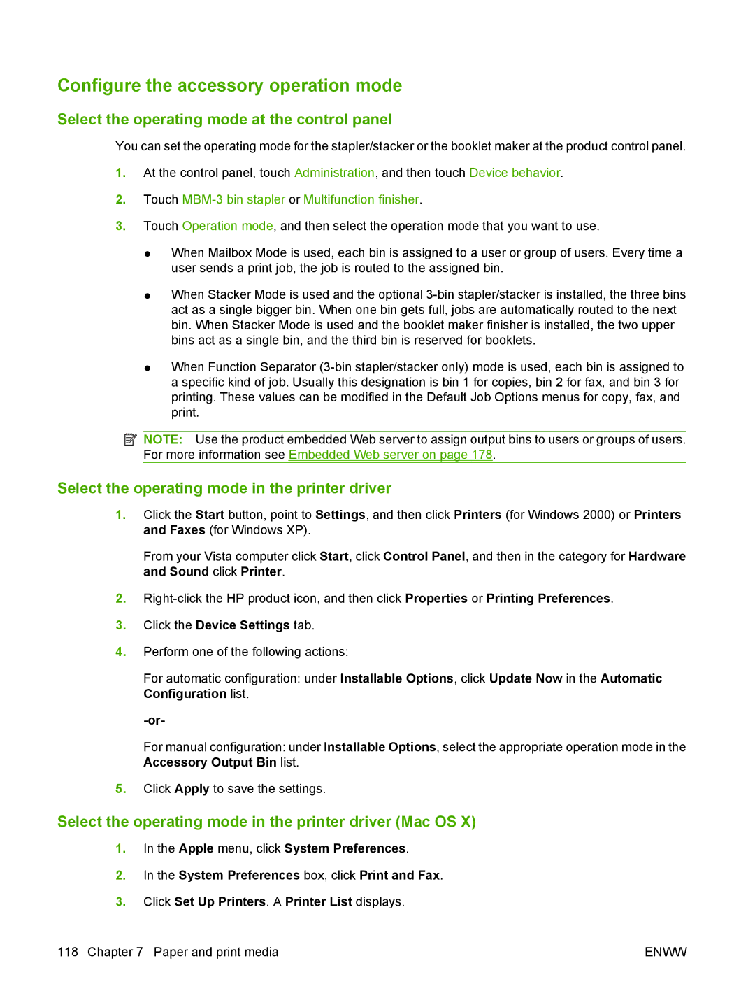 HP CM6049f MFP manual Configure the accessory operation mode, Select the operating mode at the control panel 