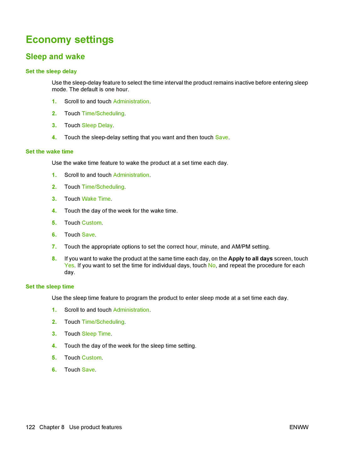 HP CM6049f MFP manual Economy settings, Sleep and wake, Set the sleep delay, Set the wake time, Set the sleep time 