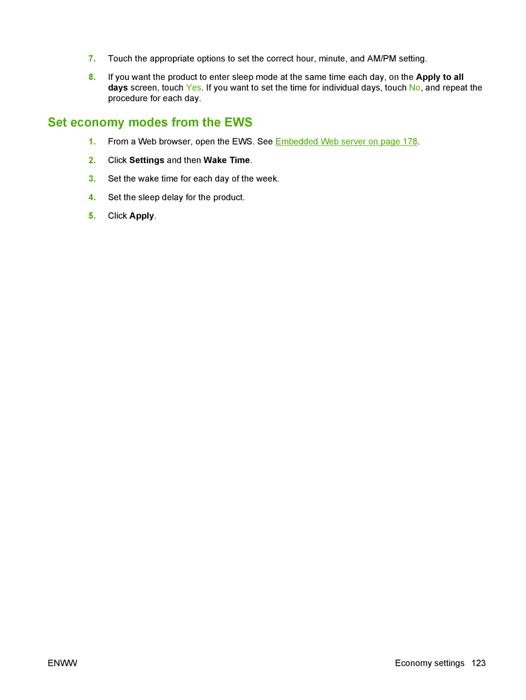 HP CM6049f MFP manual Set economy modes from the EWS, Click Settings and then Wake Time 