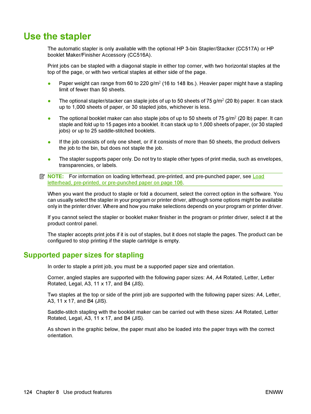 HP CM6049f MFP manual Use the stapler, Supported paper sizes for stapling 