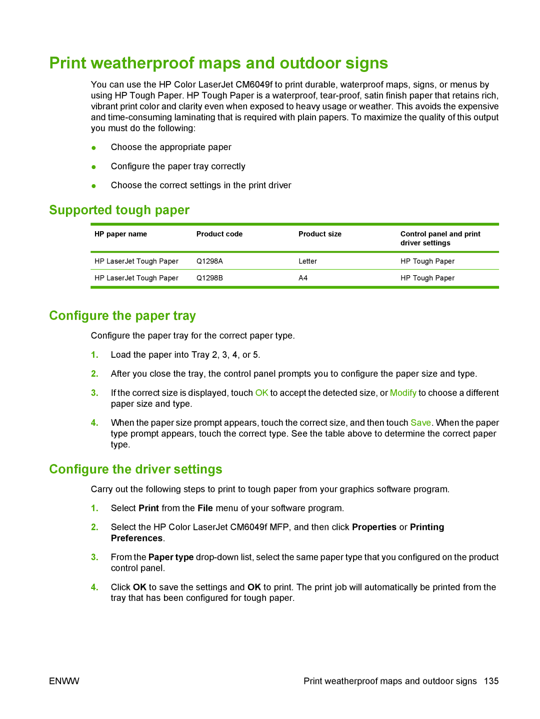 HP CM6049f MFP manual Print weatherproof maps and outdoor signs, Supported tough paper 