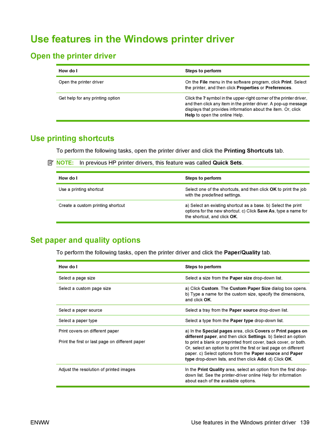 HP CM6049f MFP manual Use features in the Windows printer driver, Open the printer driver, Use printing shortcuts 