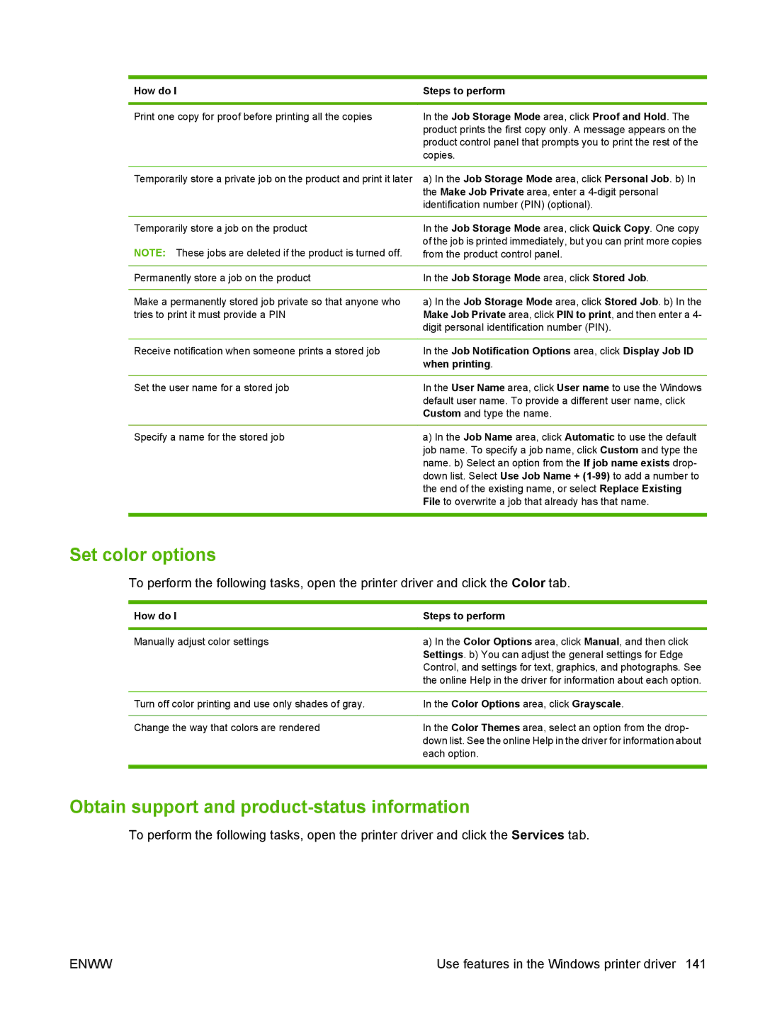 HP CM6049f MFP manual Set color options, Obtain support and product-status information 