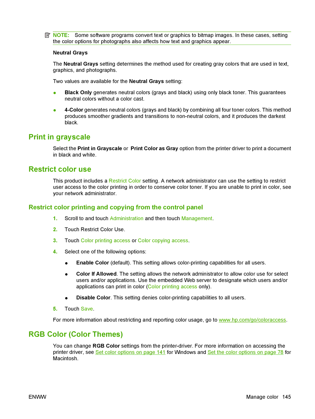 HP CM6049f MFP manual Print in grayscale, Restrict color use, RGB Color Color Themes 