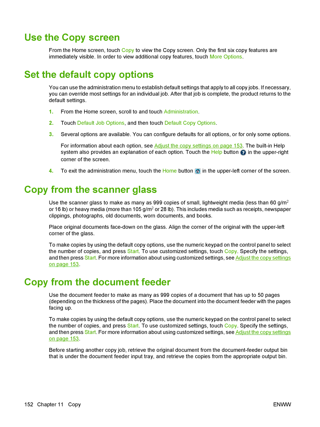 HP CM6049f MFP manual Use the Copy screen, Set the default copy options, Copy from the scanner glass 