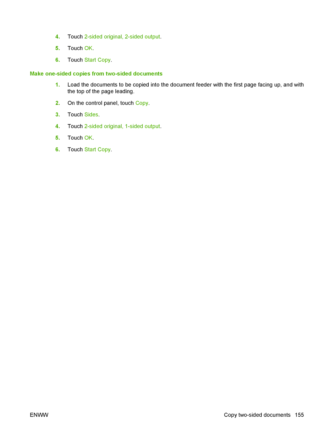 HP CM6049f MFP manual Touch 2-sided original, 2-sided output, Make one-sided copies from two-sided documents 