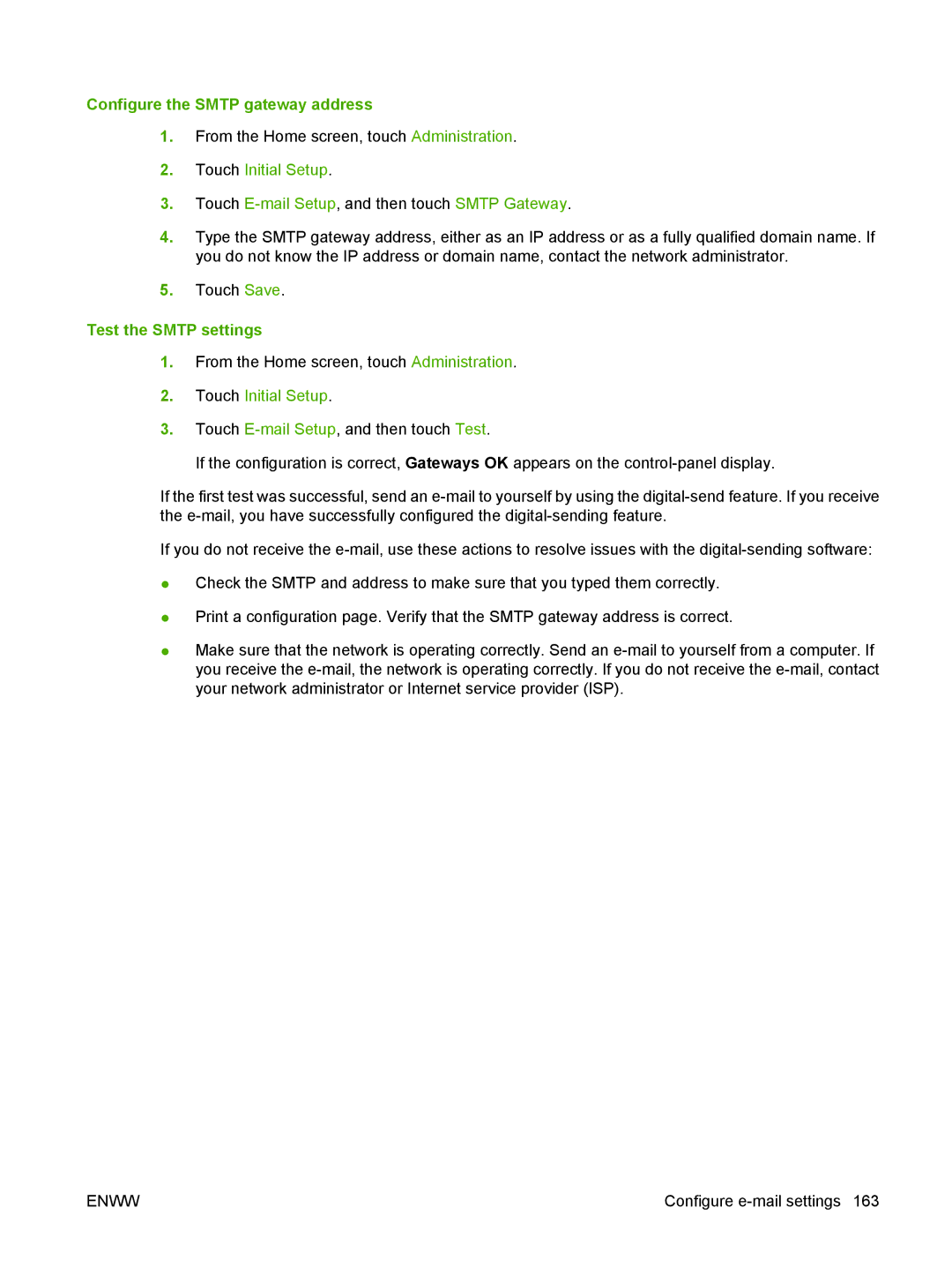 HP CM6049f MFP manual Configure the Smtp gateway address, Touch Initial Setup, Test the Smtp settings 