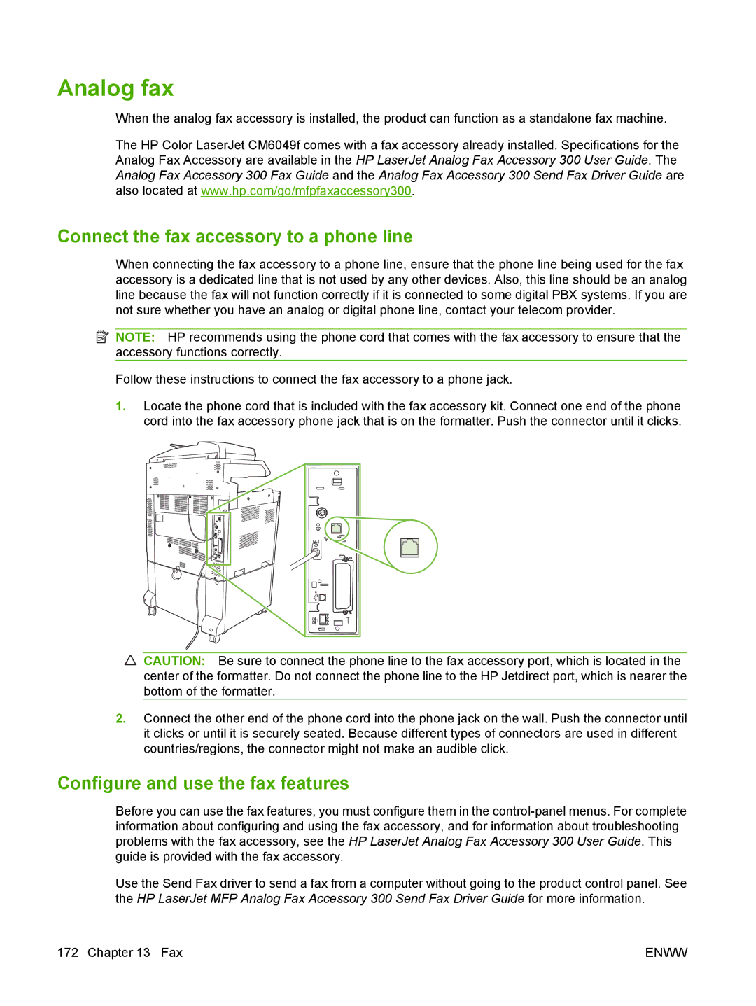 HP CM6049f MFP manual Analog fax, Connect the fax accessory to a phone line, Configure and use the fax features 