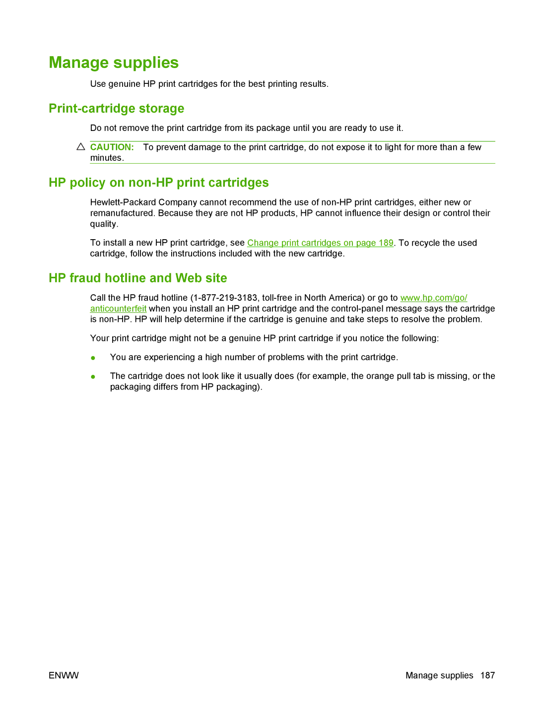 HP CM6049f MFP manual Manage supplies, Print-cartridge storage, HP policy on non-HP print cartridges 