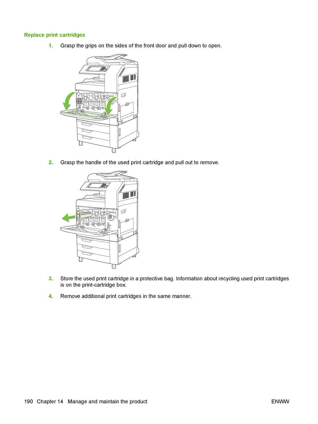 HP CM6049f MFP manual Replace print cartridges 