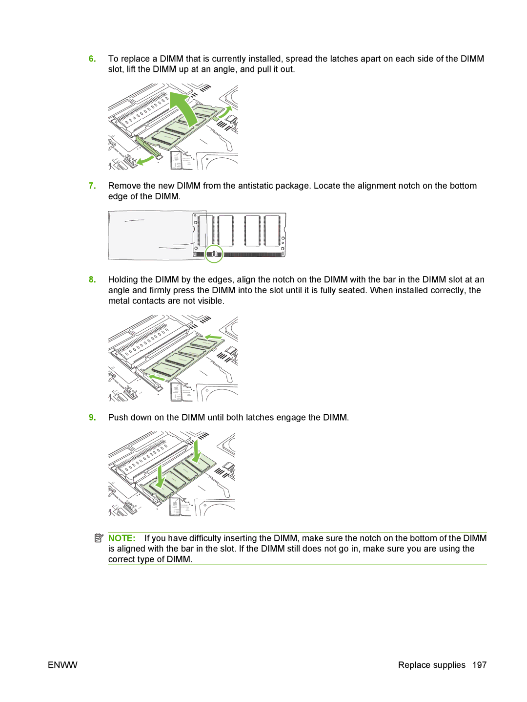 HP CM6049f MFP manual Push down on the Dimm until both latches engage the Dimm 