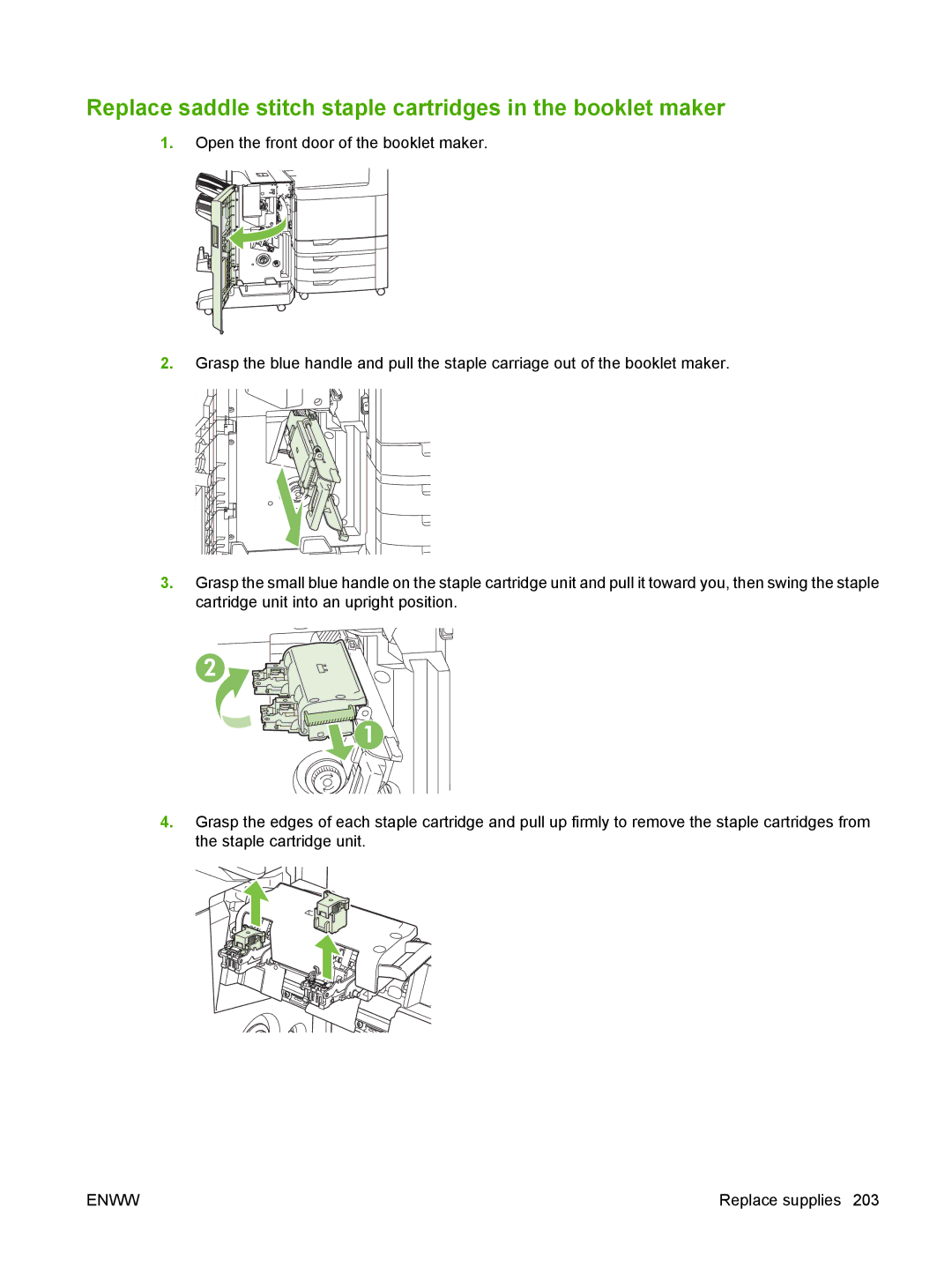 HP CM6049f MFP manual Replace saddle stitch staple cartridges in the booklet maker 