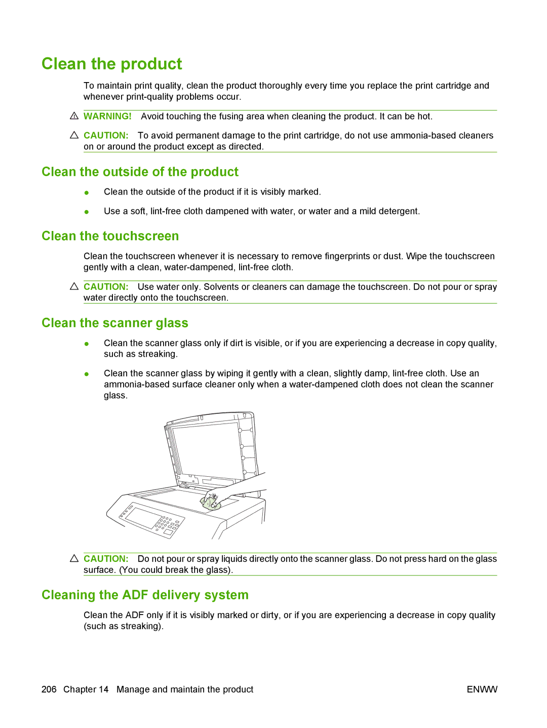 HP CM6049f MFP manual Clean the product, Clean the outside of the product, Clean the touchscreen, Clean the scanner glass 