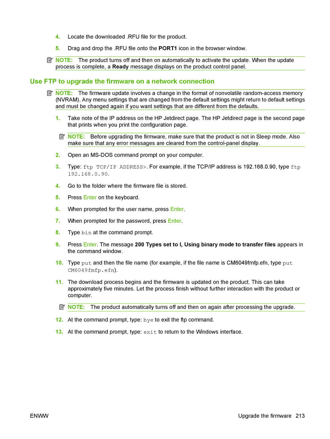 HP CM6049f MFP manual Use FTP to upgrade the firmware on a network connection 