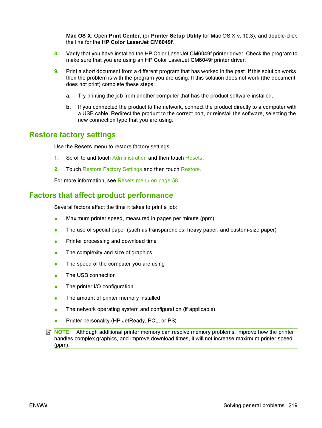 HP CM6049f MFP manual Restore factory settings, Factors that affect product performance 