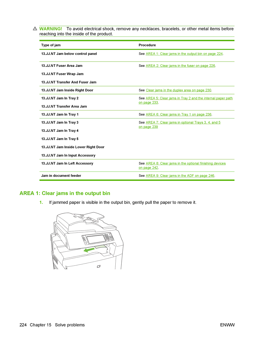 HP CM6049f MFP manual Area 1 Clear jams in the output bin 