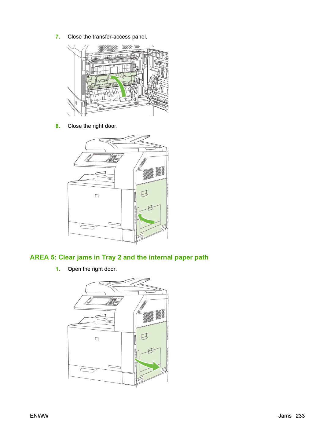 HP CM6049f MFP manual Area 5 Clear jams in Tray 2 and the internal paper path 