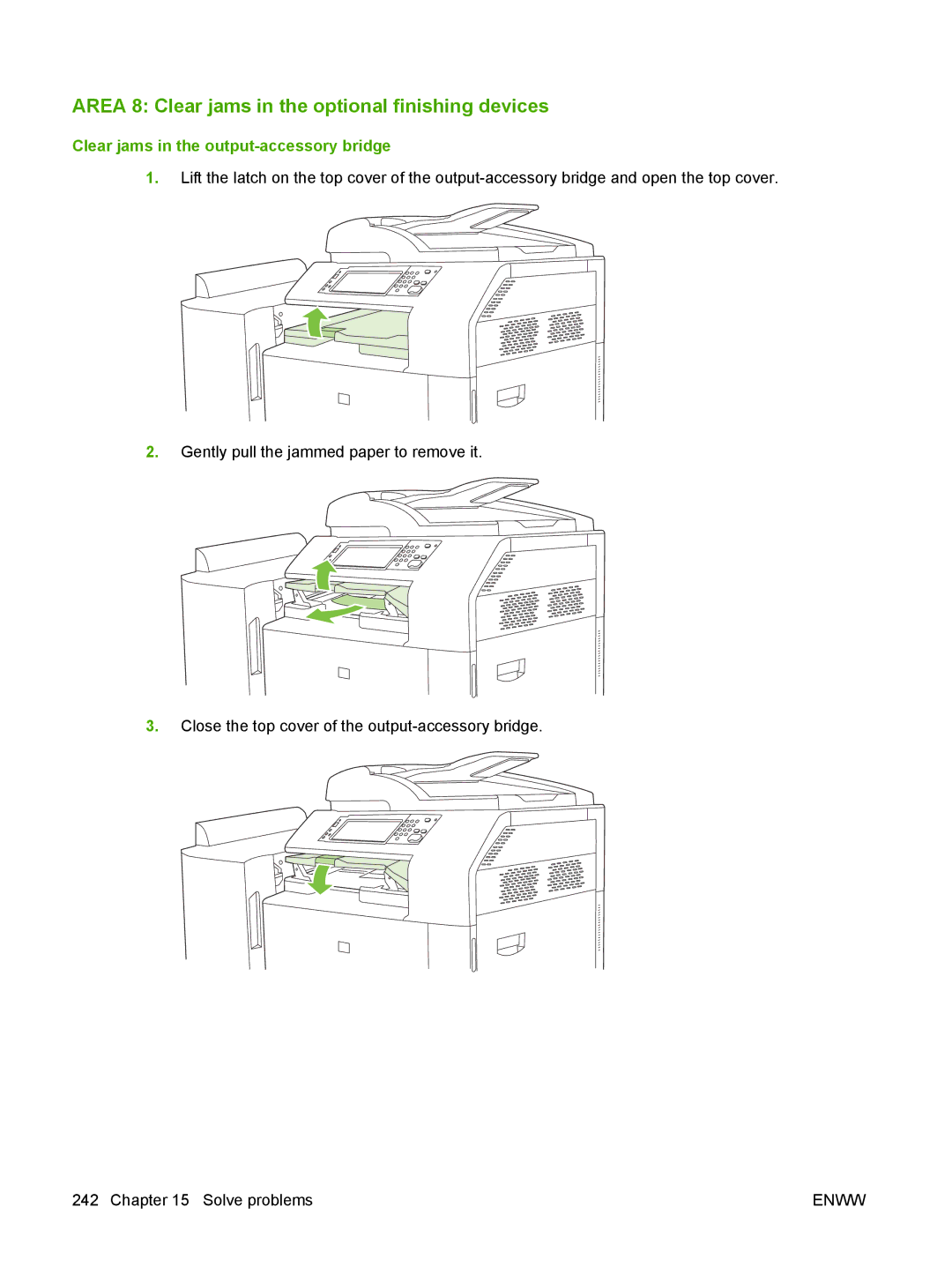 HP CM6049f MFP manual Area 8 Clear jams in the optional finishing devices, Clear jams in the output-accessory bridge 