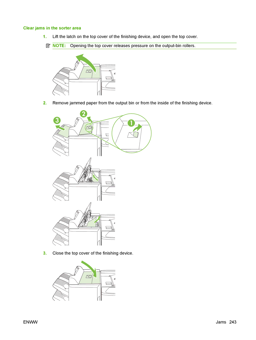 HP CM6049f MFP manual Clear jams in the sorter area 